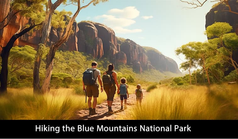 A group of hikers trekking the Blue Mountains in Australia, surrounded by dense forests and scenic landscapes.