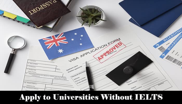 Smiling international student with backpack and documents, standing in front of an Australian university campus.