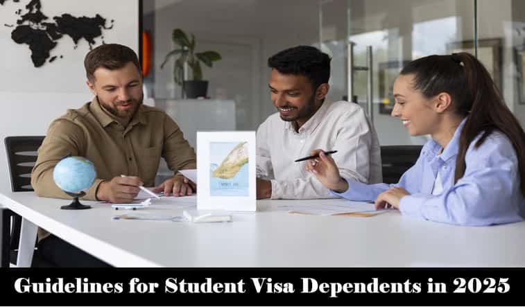 Infographic displaying student visa dependent guidelines for 2025, including eligibility, financial requirements, work rights, and application steps for spouses and children.