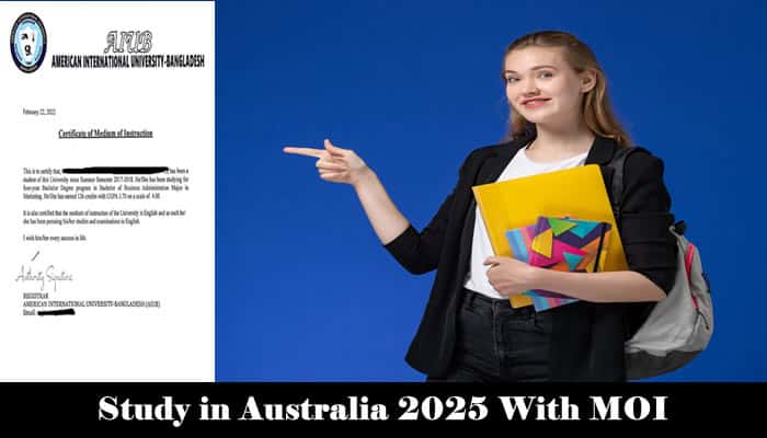 International student holding books and Australian flag with university in the background, promoting study in Australia 2025 with MOI.