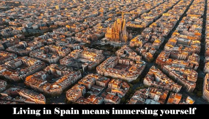A scenic Spanish street with locals enjoying tapas, flamenco music playing in the background, and historic architecture lining the walkway.
