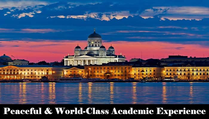 International students enjoying a serene university campus in Finland surrounded by nature