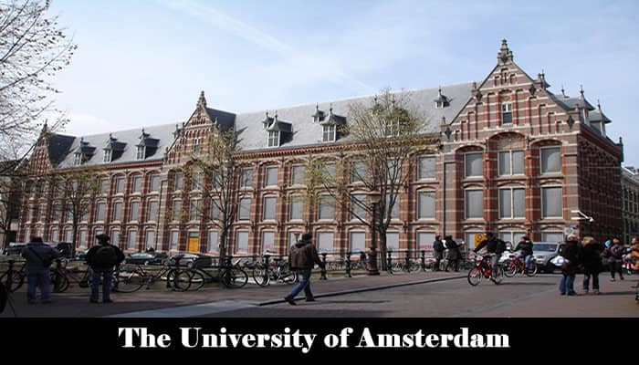 Main building of the University of Amsterdam with historic architecture and canal-side view.