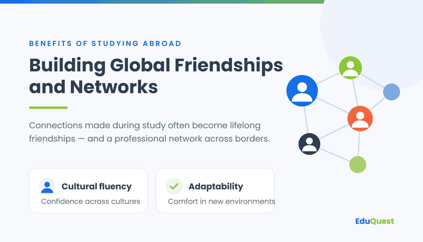 Network diagram illustrating global friendships and professional connections built while studying abroad